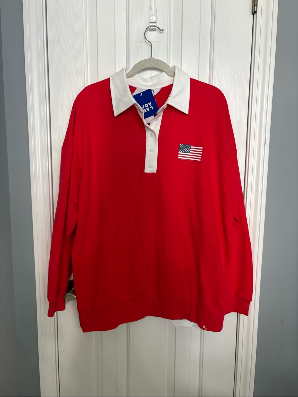 NWT JoyLab Women's Americana French Terry Polo Sweatshirt Red USA Flag S, M - Picture 3 of 10